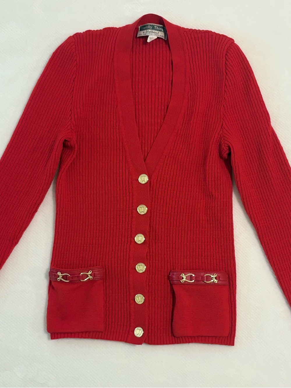 Classic Red Ribbed V-Neck Cardigan with Gold Button Detail. 100% pure Wool Italy